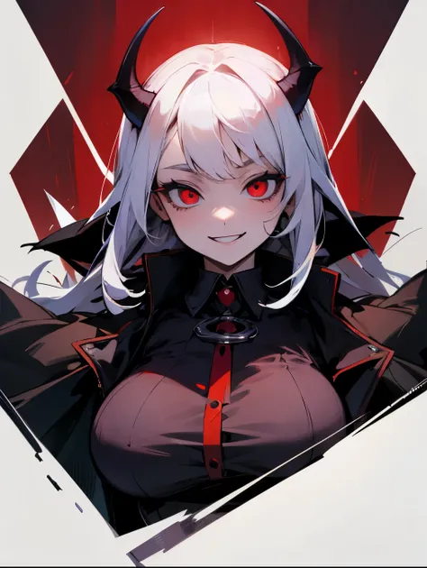 masterpiece, best quality, 1girl, vampire , half body , demon , huge body, terrifying smile, wearing a coat, medium  