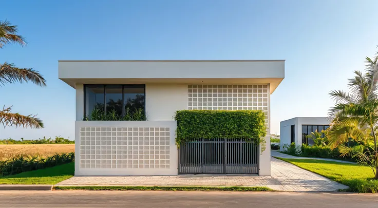 Raw photo,Masterpiece, high quality, best quality, authentic, super detail, exterior, outdoors,Tuonghoagio,house, modern stytle, on the street,wind flower wall, glass windows, white wall,gate, metal railing road,pavement, grass, trees, blue sky, (daylight:...