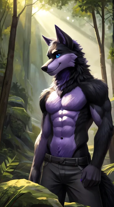 Sunlight, masterpiece, high quality, solitary, teenagerfurry, hairy, teenager, black Wolf, Black tail hairstyle,Purple eyebrows，blue eyes，Purple Iris Works, Have muscles, Detailed hands, Blackback，Purple belly，Black arm，Purple Chin，Purple Neck，teal blue na...