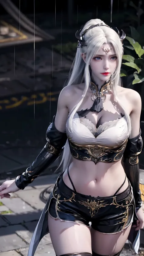 ((best quality, 8k, masterpiece:1.3)), important: 1.2, Perfect body beauty: 1.4, Hips: 1.2, ((Layered Hairstyle, Chest: 1.2)), (Wet clothes: 1.1), (rain, street:1.3), Tube Top Dress: 1.1, Highly detailed face and skin texture, Squinting, Double eyelids, wh...