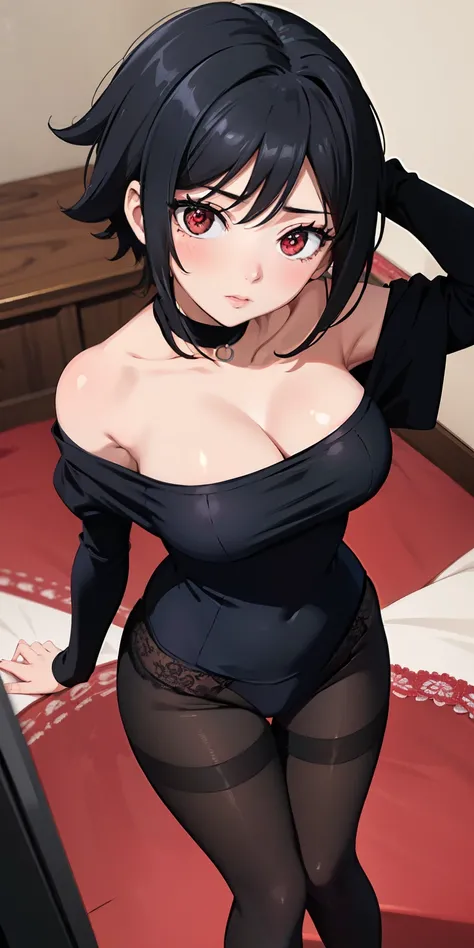 masterpiece, best quality, ultra-detailed, illustration,(1girl), Sarada Uchiha, looking at viewer, close up, (breast focus), (arms above head:1.2), (from above:1.1), black hair, Medium breasts, (breasts out:1.3), (off shoulder:1.1), lace underwear, random ...