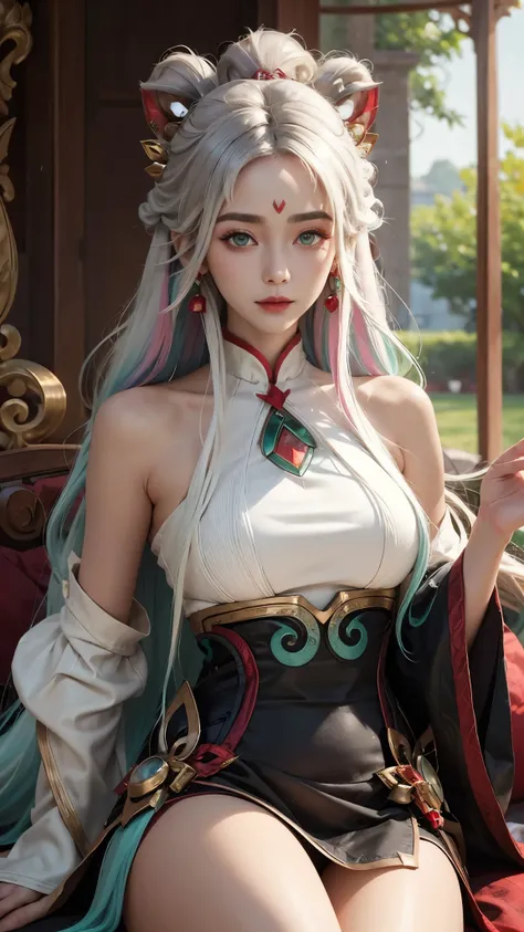 (masterpiece, best quality:1.2), intricate details, mythmaker irelia, 1girl, hair ornament, hair rings, bare shoulders, dress, detached sleeves, forehead mark, multicolored hair, white hair, earrings, green eyes, textured skin, looking at viewer, solo, lig...