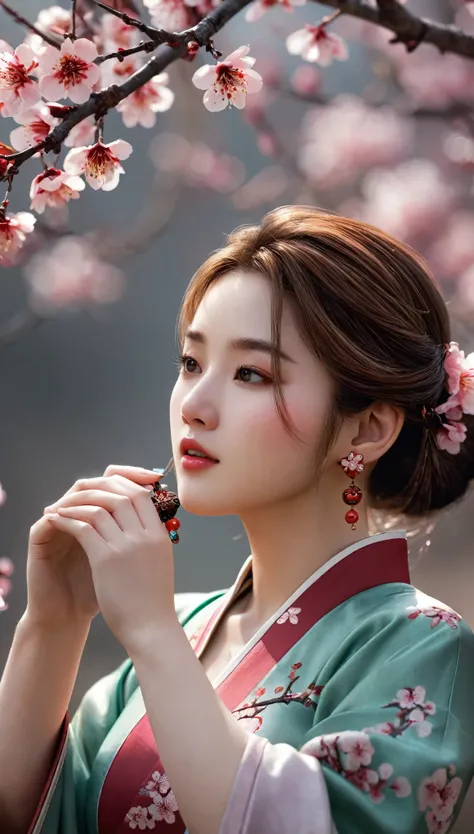 masterpiece,extremely detailed CG unity 8k wallpaper,1girl, beautiful, realistic, blurry, blurry_background, blurry_foreground, branch, brown_hair, plum blossom, depth_of_field, earrings, flower, jewelry, nose, realistic, solo,chinese clothes,fingers hidde...