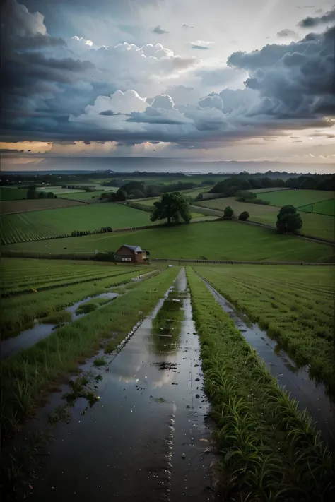 Country side , Rain is falling, very gentle, farmers are on the field, cloud is dark very calm