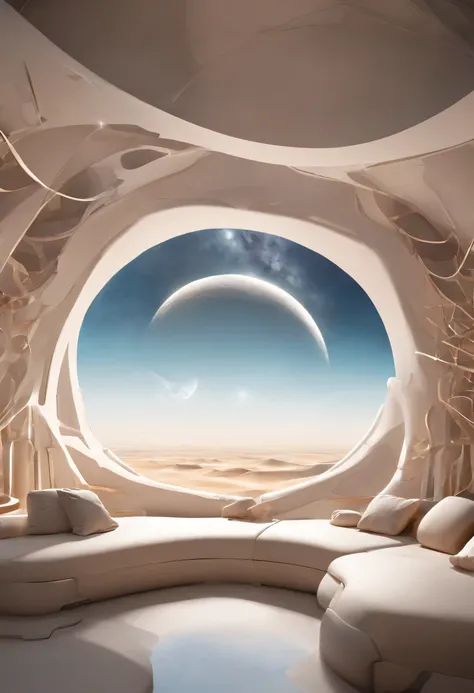 Surrealism, high detail, interior architecture, modern, multiple views, UHD，In the future world，There is a dreamlike white desert。The middle of the desert，A smart sofa is quietly placed。Around the sofa，Dotted with some transparent amber glowing spheres，The...