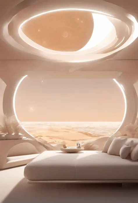 Surrealism, high detail, interior architecture, modern, multiple views, UHD，In the future world，There is a dreamlike white desert。The middle of the desert，A smart sofa is quietly placed。Around the sofa，Dotted with some transparent amber glowing spheres，The...