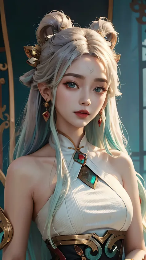 (masterpiece, best quality:1.2), intricate details, mythmaker irelia, 1girl, hair ornament, hair rings, bare shoulders, dress, detached sleeves, forehead mark, multicolored hair, white hair, earrings, green eyes, textured skin, looking at viewer, solo, lig...