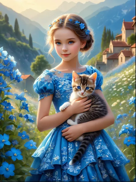 pam-flwr，beautiful young girl wearing a beautiful dress made of blue flowers，holding a cute kitten，beautiful landscape backgroun...