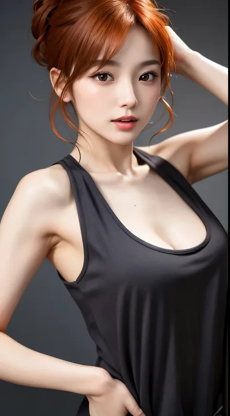 masterpiece, beautiful girl, Brown eyes、Showing bare armpits:1.4、detailed, Beautiful eyes, (Wearing a tank top that is too big for your naked body:1.6)、highest quality, 超A high resolution, (reality: 1.4), Original photo, One Girl, Cinema Lighting, (Laughte...