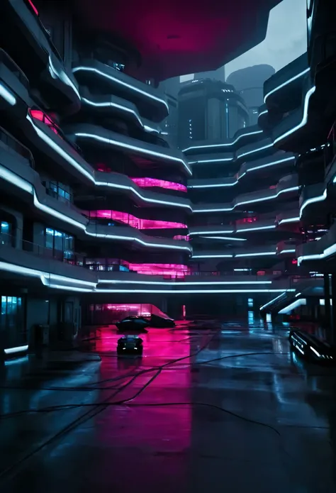 Photo of a huge dystopian secret facility, futurista, estilo blade runner, apocalipse, grey sky, uma nave imensa (Cargueiro espacial) flutuando ao redor da estrutura, has huge futuristic buildings surrounding the premises, the buildings have neon lights on...