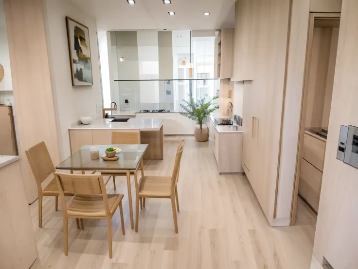 diningroom interior, modern style, oak wood cabinet, lage window, high city background, neutral color scheme, beautiful lighting...