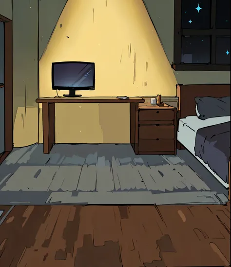 Cartoon of bedroom with a bed, table, and TV, Bedroom Background, Personal room background, RPG Maker style bedroom, interior background technology, Dark bedroom, No light in bedroom, In the bedroom, background technology, low light room, background techno...