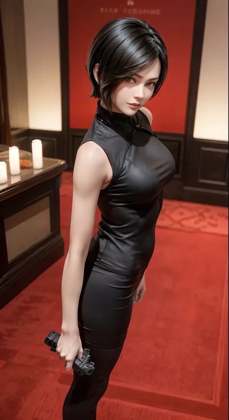 
1 girl， Single， Ada Wong in the Resident Evil 4 remake， Short detailed hair， Brown haired， Red cheongsam， Short-sleeved shirt， Black, seductive, body with curves ， Nydium breast， Upper extremities， Back， Black heels， Adrianas face， Find your audience， Cun...