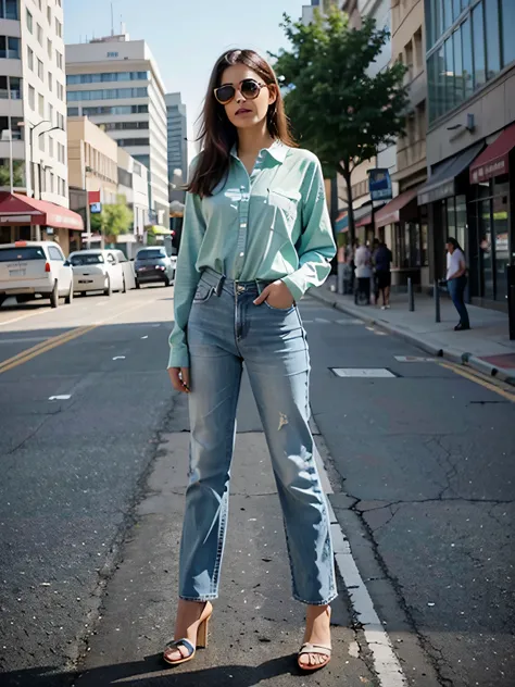 Capture a 511, green-eyed Punjabi supermodel in downtown Sacramento, CA, dressed in classic 1970s attire. She wears a colorful tie-dye shirt, flared jeans, and chunky heels, accessorized with a headband and oversized sunglasses. The scene includes Sacramen...