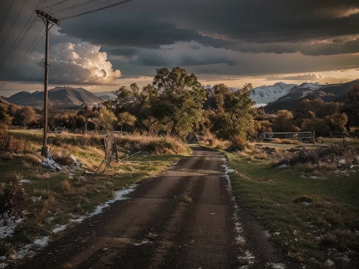 Change the season to winter, add snow on the background mountains, add little bit snow on the natural elements like trees and grass, change the time to evening time