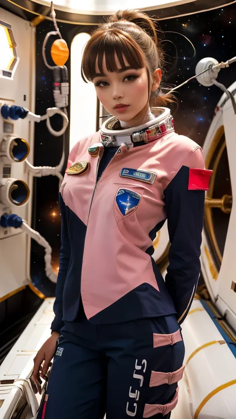 arabian woman in sexy suit posing on space station,  スタートレックのアzia人女性, dressed in an astronaut costume, girl in space, 60s sci-fi...