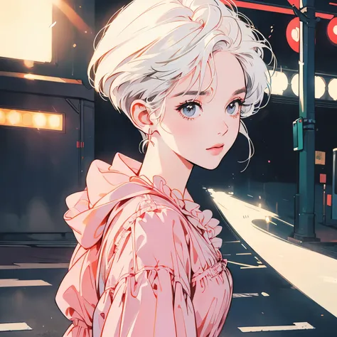 whole body、Kind Face、1 pretty woman、blouse、pedestrian crossing、Signal 、intersection、Complex background、Detailed Hair、White Hair、short hair length、Faint lighting