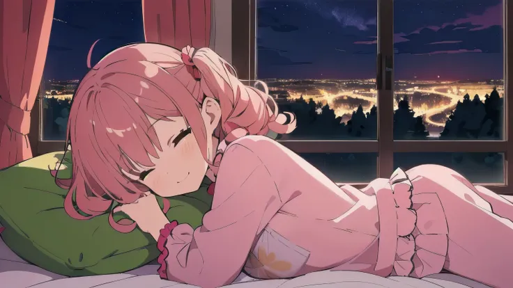 Very detailed, Detailed Background,　(highest quality, masterpiece, High resolution), One girl,　Demure,　(Curly Hair:1.4), Twin tails, smile,　 Mid-chest, Pink Hair,  Upper Body, pajamas,　long hair、　(night:1.4)、I can see the grassland from the window,　Dimly l...