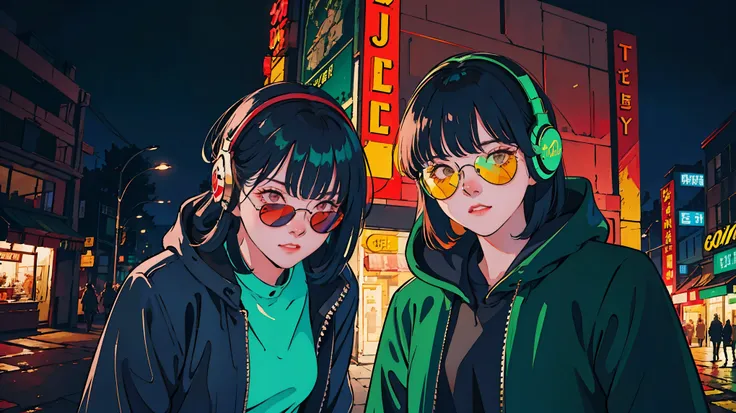 Beautiful Korean Women、one person, one personの女性, Black Hair, headphone, He is wearing a leather jacket and red sunglasses.., The city behind her, In the style of neon realism, Charming character, action, Gadget Punk, solapunk, Colorful cityscape, Crimson ...