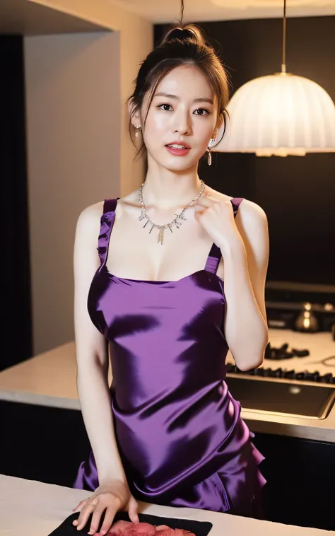 (Purple naughty silk apron, No bra, The shape of the nipples is visible, Spread your legs a little:1.5),

((Age 25, Elegant beautiful female announcer, Sexy body, Naughty older sister, She shows me her breasts and seduces me:1.4)),
((Small breasts, Flat Ch...