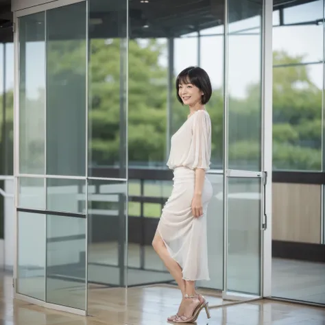 ((highest quality)), ((8K)), ((masterpiece: 1.3)), (Photorealism: 1.6), (Japanese mature women standing and talking), (Bright and spacious entrance hall with glass walls: 1.4), (The background is blurred: 1.8), (A woman standing facing diagonally forward: ...