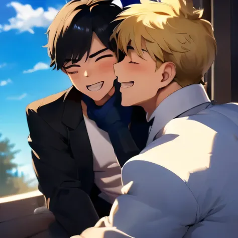 2 boy,kiss,(close eyes:1.2),(be happy:1.4),shoulder to shoulder,16 years old,happy blonde and black hair,black eyes,jacket,shirt,blush,(happy smile),blue sky backgroundy,Masterpiece,Top Quality,High quality,Ultra detailed,insanely detailed,beautiful,detail...