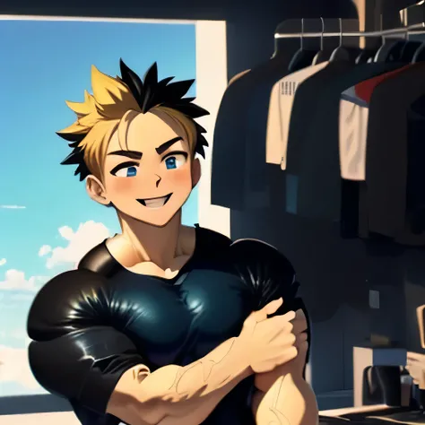 2 boy,kiss,(close eyes:1.2),(be happy:1.4),shoulder to shoulder,16 years old,happy blonde and black hair,black eyes,jacket,shirt,blush,(happy smile),blue sky backgroundy,Masterpiece,Top Quality,High quality,Ultra detailed,insanely detailed,beautiful,detail...
