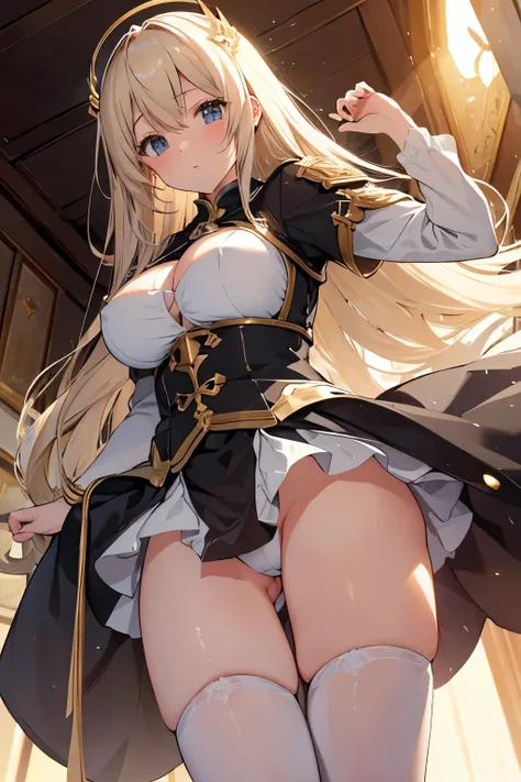 knight。crusader。An illustration。girl。gold。Big Breasts。Fantasy。Exposed。Light clothing。White skin。mini skirt。Big Breasts。Showing her panties。With legs apart。Fresnel。The hair is transparent with light。Thick thighs。Big Ass。Angle from below。Facing forward with ...