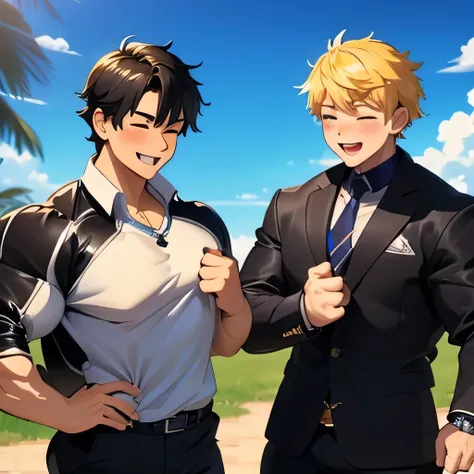 2 boy,kiss,(close eyes:1.2),(be happy:1.4),shoulder to shoulder,16 years old,happy blonde and black hair,black eyes,jacket,shirt,blush,(happy smile),blue sky backgroundy,Masterpiece,Top Quality,High quality,Ultra detailed,insanely detailed,beautiful,detail...