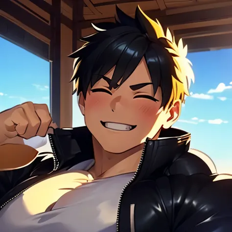 2 boy,kiss,(close eyes:1.2),(be happy:1.4),shoulder to shoulder,16 years old,happy blonde and black hair,black eyes,jacket,shirt,blush,(happy smile),blue sky backgroundy,Masterpiece,Top Quality,High quality,Ultra detailed,insanely detailed,beautiful,detail...