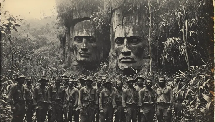 grainy, polaroid, 35mm vintage of 1700s explorers in front of giant face sculpture in the jungle. expeditionary men . Black and white colors 2