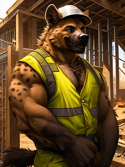 male hyena. full body, construction worker, (full nude, only safety vest,)sweating, realistic, smile,construction site,