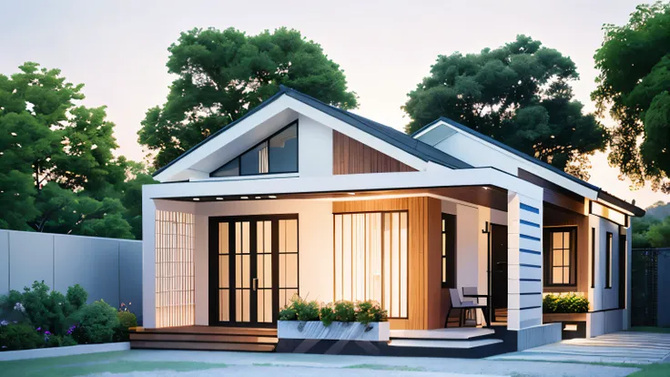 Hyper realistic eye level exterior photo of a mid century modemn
style house overlooking the valley. daylight, indirect lighting
House, wood, Chile, Sunset