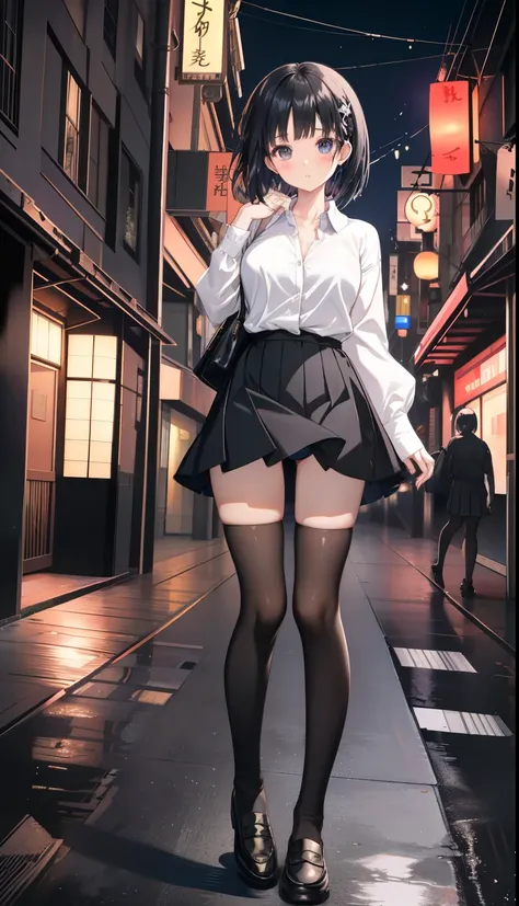 One Girl、positive、Standing posture、Full body portrait、Black Hair、Medium Haircut、blush、Absolute area、Black knee-high socks、Knee-length、stockings、Black Pantyhose、White underwear、、mini skirt、Japanese high school students、Summer clothes、Night entertainment dis...