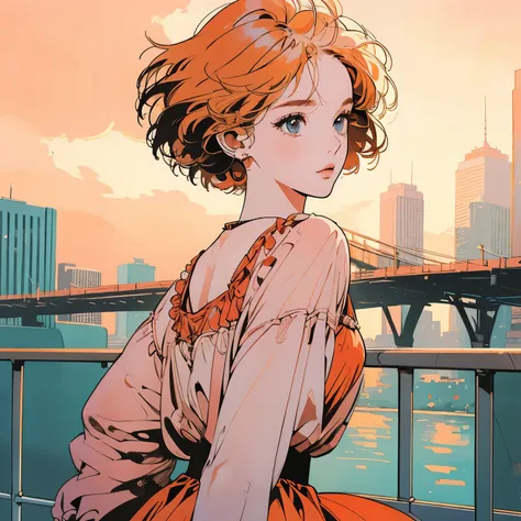 whole body、Kind Face、1 pretty woman、blouse、skirt、Pedestrian bridge、skyscraper、Sunset、Complex background、Detailed Hair、pale orange hair、Faint lighting、short hair length、There is movement