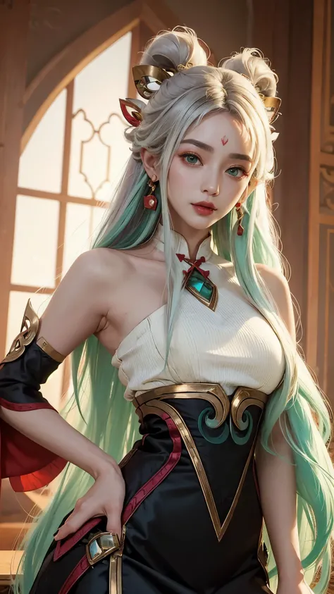 (masterpiece, best quality:1.2), intricate details, mythmaker irelia, 1girl, hair ornament, hair rings, bare shoulders, dress, detached sleeves, forehead mark, multicolored hair, white hair, earrings, green eyes, textured skin, looking at viewer, solo, lig...