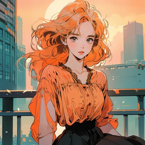 whole body、Kind Face、1 pretty woman、blouse、skirt、Pedestrian bridge、skyscraper、Sunset、Complex background、Detailed Hair、pale orange hair、Faint lighting、There is movement