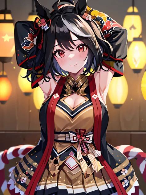 kitasan black,umamusume,Red eyes, horse ears, horse girl, horse tail, black hair, short hair, messy hair, wavy hair, smile, two arms, light blush, arms up / arms behind head, nude