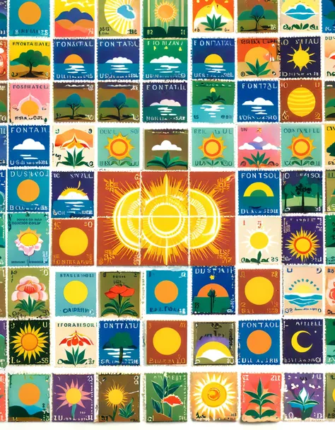 A grid of small colorful vintage stamps with the text "FONTAI duSOL" and various suns, each stamp has different numbers from one to twenty four, in a white background, designed in the style of Mary Blair.