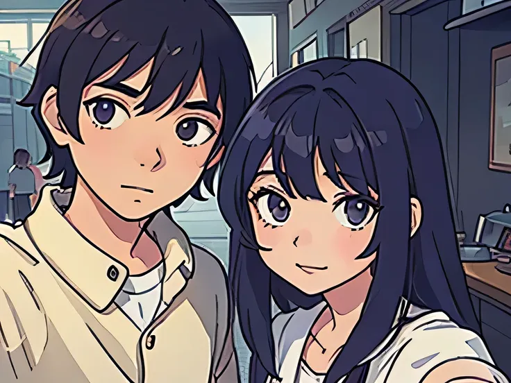 Perfect anime illustration ,selfie of two girls with a boy standing behind them