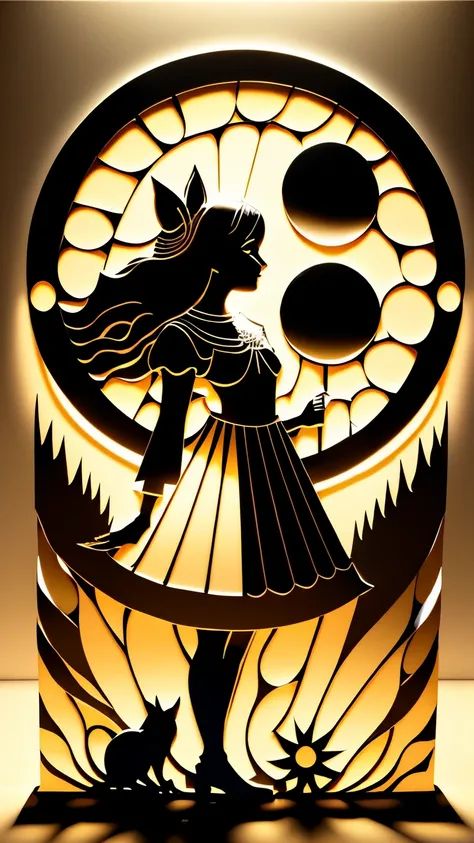 fusion of paper cutting and shadow puppetry, best quality, super fine, 16k, incredibly absurdres, extremely detailed, delicate and dynamic, monochrome, stained glass, girl with cat, smile sun, smile moon, backlighting, special image effects, symbolist artw...