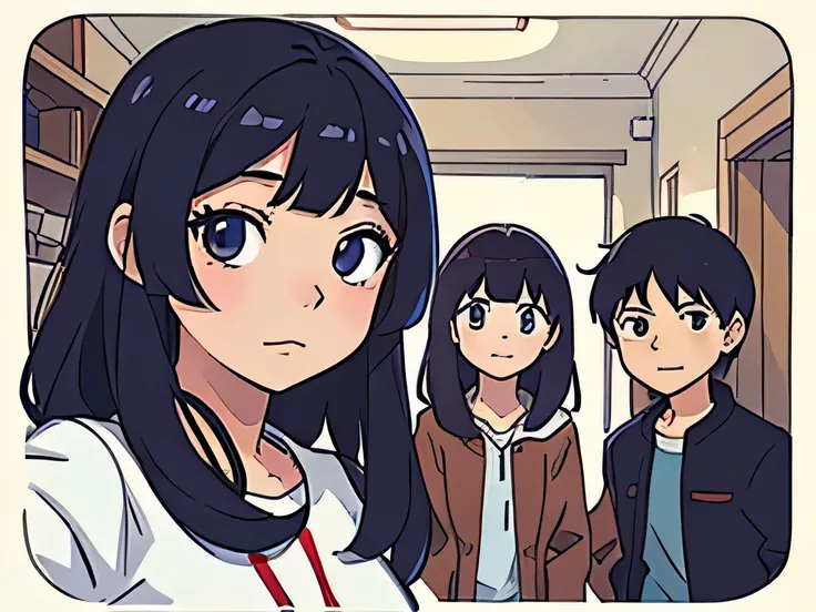 Perfect anime illustration ,selfie of two girls with a boy standing behind them