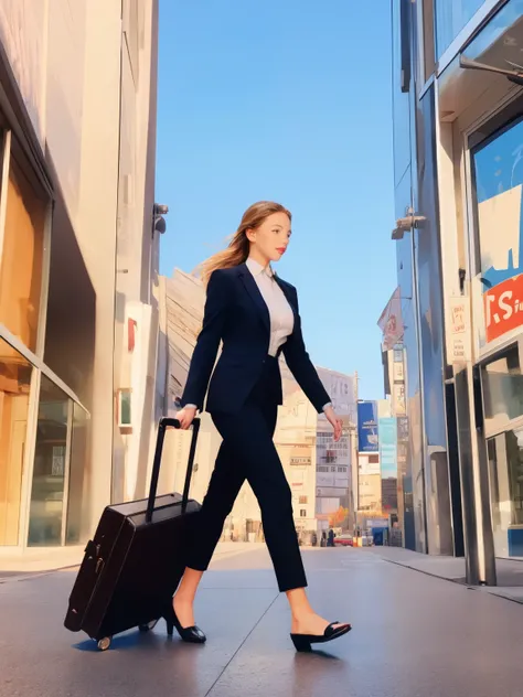 girl in a business suit walking down the street holding a suitcase, city, scenery, illustrated, animated, colorful, beautiful, s...