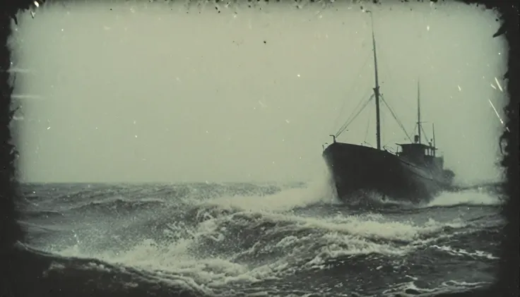 grainy, polaroid, 35mm vintage, realistic old footage, huge underwater silhouettes of underwater giant sea-monsters, leviathan, hiding under water, seen from a sailboat, Atlantic ocean, Black and white colors.