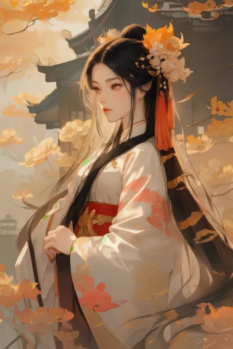 a woman with long black hair，wearing hanfu，delicate face，gold and silver hairpin，slightly sideways looking into the distance，chi...