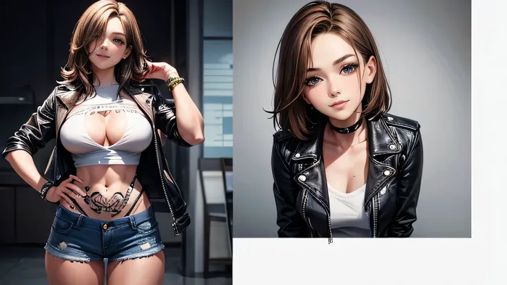 A flirtatious, provocative smile,One female、Beautiful light brown hair,tattoo、Leather jacket,T-Shirts,Ripped jeans,slenderbody,Live Studio,Ultra-high resolution, Accurate, Super detailed, Textured skin, High detail, highest quality, 8k, Detailed Hair,Detai...