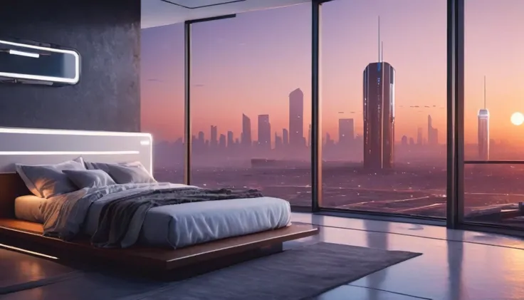 interior design of a sci high-tech bedroom with one glass wall looking out on a high tech highrise city,inside a penthouse, levitating bed, desk and outside windows ,a highly realistic alien planet,one glass wall looking out on a high tech highrise city, m...