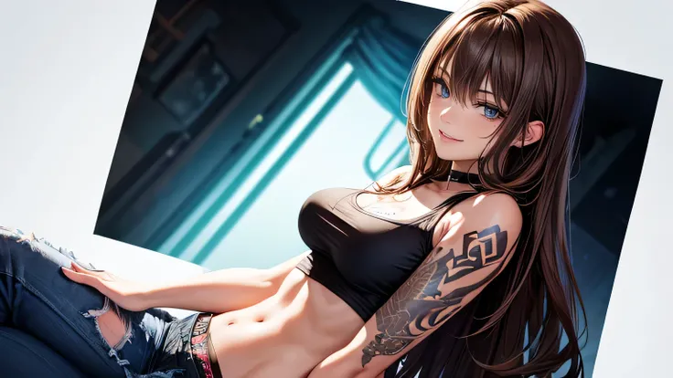 A flirtatious, provocative smile,One female、Beautiful light brown hair,tattoo、Rock T-shirt,Ripped jeans,slenderbody,Live Studio,Ultra-high resolution, Accurate, Super detailed, Textured skin, High detail, highest quality, 8k, Detailed Hair,Detailed eyes,Fo...