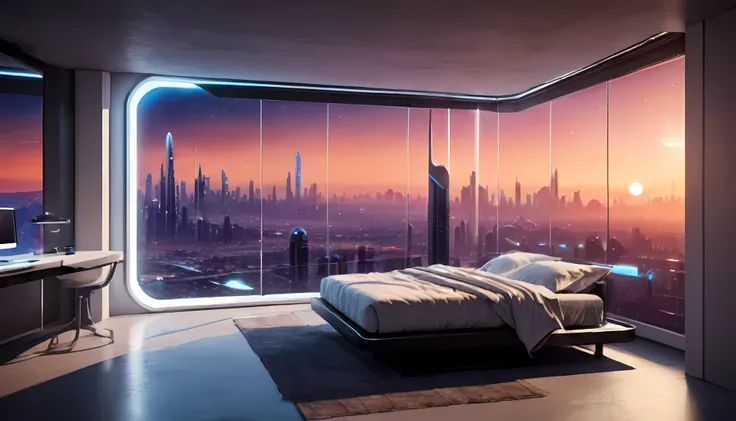 interior design of a sci high-tech bedroom with one glass wall looking out on a high tech highrise city,inside a penthouse, There is a hidden light strip under the levitating bed, desk and outside windows ,a highly realistic alien planet,one glass wall loo...