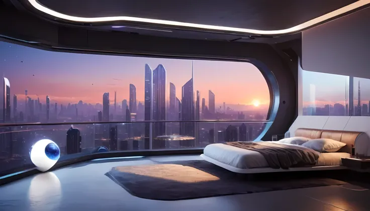 interior design of a sci high-tech bedroom with one glass wall looking out on a high tech highrise city,inside a penthouse, There is a hidden light strip under the levitating bed, desk and outside windows ,a highly realistic alien planet,one glass wall loo...